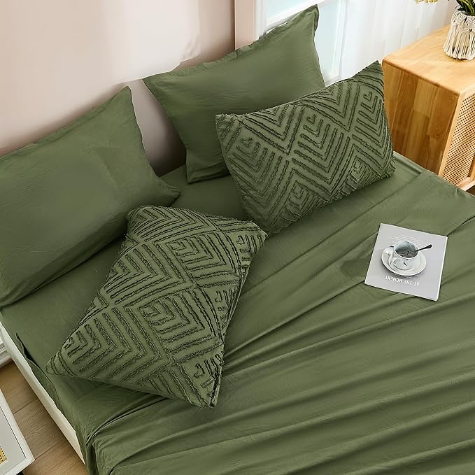 Andency Queen Comforter Set Olive Green - 7 Pieces Bed in a Bag Queen Boho Olive Green Bedding Comforter Sets, Tufted Bed Set with Comforter, Sheets, Pillowcases & Shams