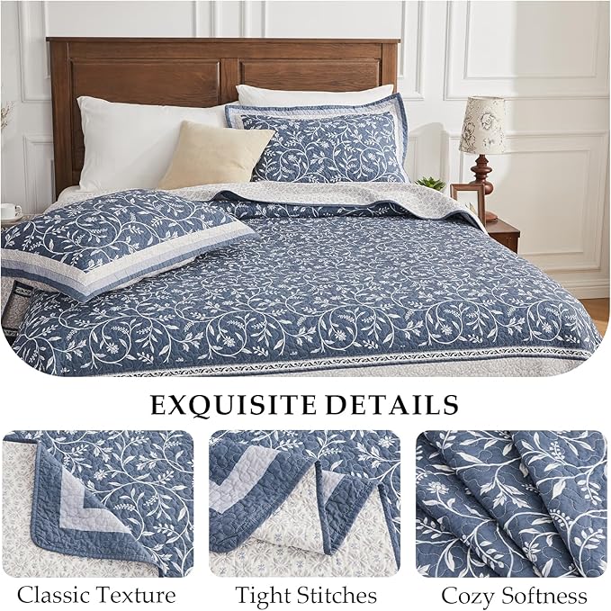 Oversized Queen Bedspread Set - 100% Cotton Lightweight Quilted Coverlet - Soft Reversible Bedding, Botanical Floral Design - Includes 1 Bedspread (102x120) & 2 Pillow Shams - Grayish-Blue