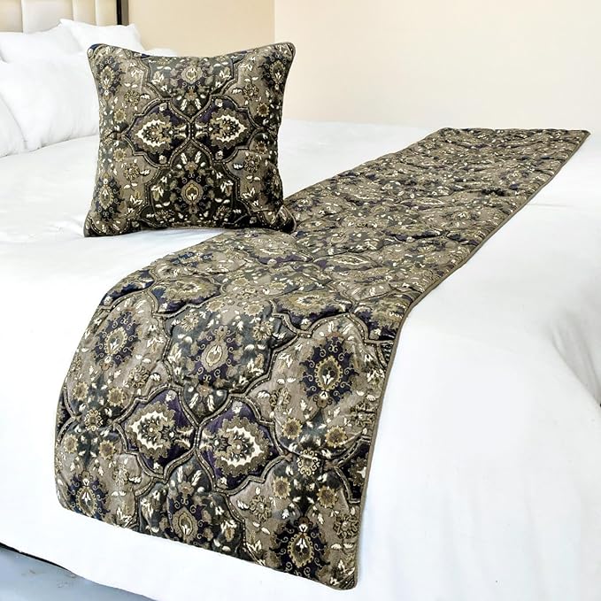 The HomeCentric Gray Bed Runner for King/Queen/Twin Velvet Decorative Bed Scarf 53"x18" Bed Runner Without Pillow Cover, Damask Bed Scarf Bedroom Décor Accent - Pewter Palace
