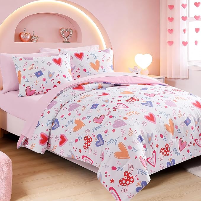 Full Comforter Set for Girls Kids - 7 Pieces Heart Full Size Bedding Sets for Kids, Soft Cozy Bed in A Bag with Sheets