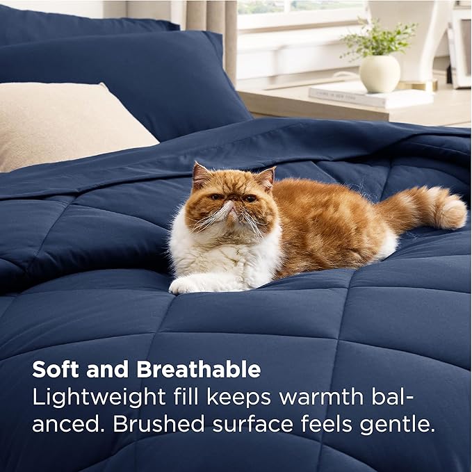 Bedsure 7 Pieces Queen Comforter Set Premium Series, Hotel Luxury Soft Bed in a Bag, Goose Down Alternative, Safe for Sensitive Skin Bedding Comforter All Season Medium Warmth, Navy Blue Queen Size