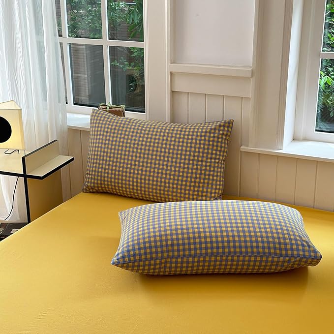 LifeTB Gingham Comforter Set Full Modern Style Purple Yellow Grid Plaid Comforter Set Soft Fluffy Checkered Pattern Comforter with 2 Pillowcases Farmhouse Gingham Grid Bedding Comforter Breathable
