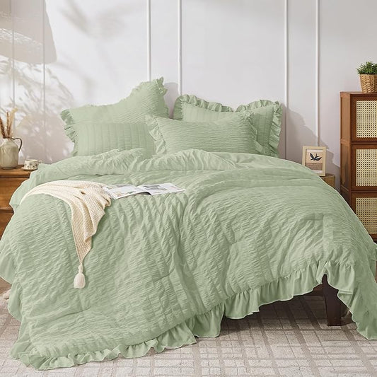JOLLYVOGUE Sage Green King Comforter Set, 3 Pieces Seersucker Comforters King Size, Lightweight & Fluffy Bedding Sets King for All Season with 1 Ruffle Comforter and 2 Ruffle Pillowshams