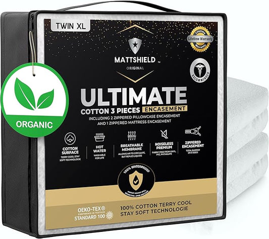 MATTSHIELD Ultimate Sensitive Skin 3-Piece Kit – Twin XL Size Bed Bug Mattress Protector + 2 Zippered Pillow Covers – Organic Cotton Terry Top – Waterproof 6-Sided Encasement, Soft & Breathable