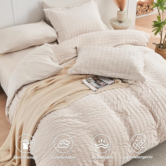 HYMOKEGE Beige Duvet Cover Full Size, Ultra Soft 3-Piece Seersucker Duvet Cover Set with Zipper Closure, Soft Brushed Microfiber Bedding Set with 8 Corner Ties (80"x90", 2 Pillowshams)