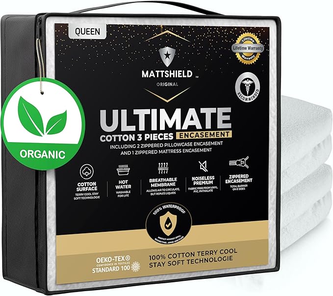 MATTSHIELD Ultimate Sensitive Skin 3-Piece Kit – Queen Size Bed Bug Mattress Protector + 2 Zippered Pillow Covers – Organic Cotton Terry Top – Waterproof 6-Sided Encasement, Soft & Breathable