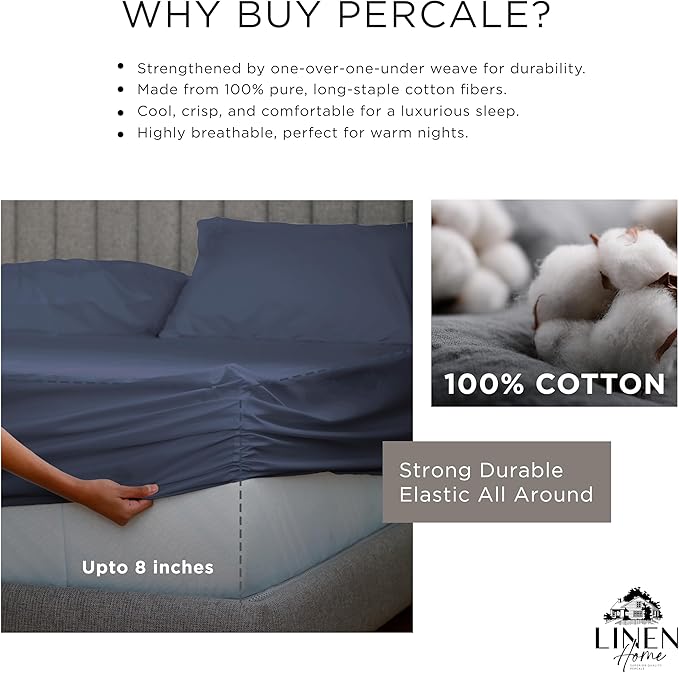Linen Home 100% Cotton Percale Sheet Set, Twin Size, Dark Blue, Deep Pocket, 4 Pieces Set - 1 Flat, 1 Deep Pocket Fitted Sheet and 2 Pillowcases, Crisp Cool and Strong Bed Linen