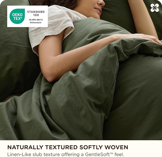 Bedsure Cotton Duvet Cover Queen - Luxury Slub Weave 100% Cotton Duvet Cover with a Linen Like Textured, Easy Change Durable Bedding, Olive Green, 90" x 90"