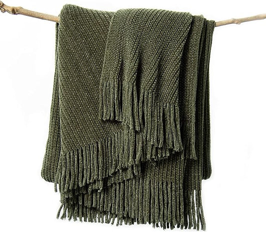 lifein Throw Blanket for Couch, Soft Green Boho Decor Bed Throw,Cozy Knitted Chenille Farmhouse Lightweight Throw (Olive Green,60 * 80")
