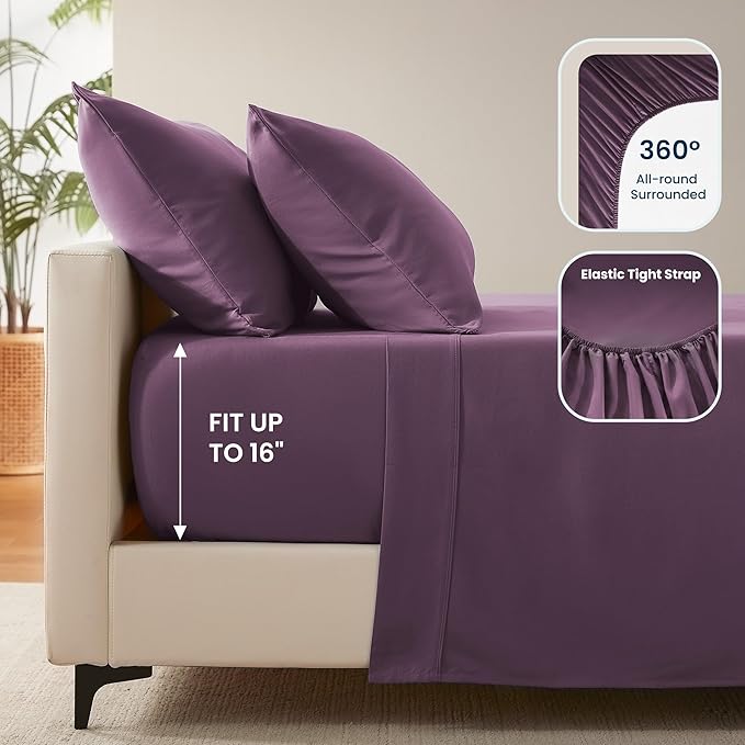 SLEEP ZONE Nanotex Super Soft Cooling Twin Bed Sheets Set for Kids 3 Piece - Easy Care Fitted Flat Sheet & Pillowcase Sets - Wrinkle Free, Fade Resistant, Deep Pocket 16" (Purple, Twin)