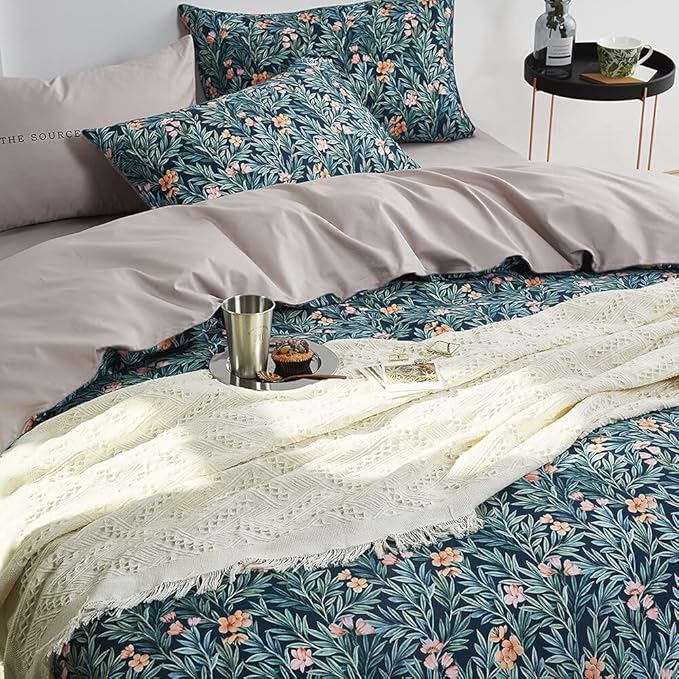 Cupocupa King Duvet Cover Set - 3 Piece Boho Floral Bedding, Ultra Soft Microfiber Vintage Garden Leaf Print - Includes 1 Duvet Cover (104"x90") and 2 Pillow Shams, Breathable & Fade Resistant