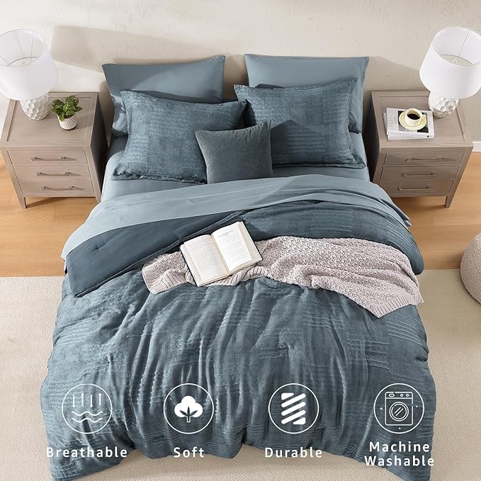 MaiRêve King Comforter Set Dusty Blue, Textured Design Crinkle Bedding Sets 7 Pieces, All Season Bed in A Bag with Comforter, Sheets, Pillowcases & Shams