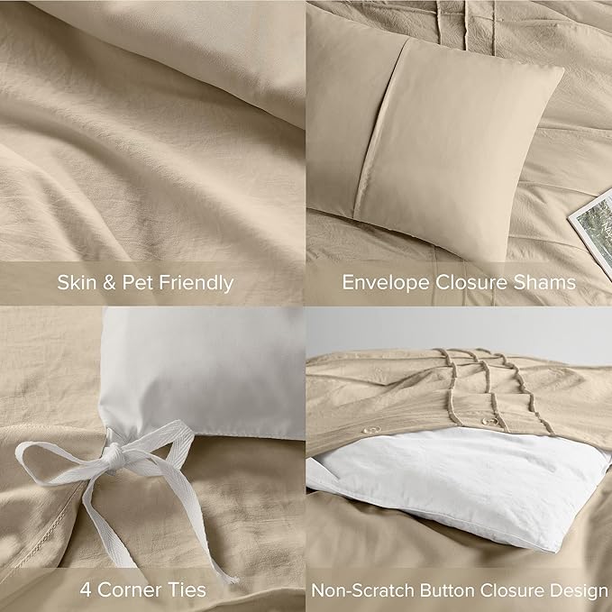 Comfort Spaces Khaki King Size Duvet Cover Set - 3-pc Pintuck Pleated, All Season Lightweight, Extra Soft Pre-Washed Microfiber Bed Cover With Shams
