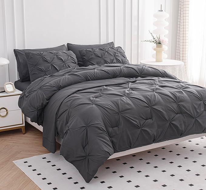 LANE LINEN Queen Comforter Set - 7 Pc Bed in a Bag, Ultra Smooth Microfiber All Season - Queen Comforter Set with Sheets, Pillowcases & Shams - Very Soft Bedding for Daily Sleep - Grey | Extra puffy feel, Very soft feel, Light all season, Easy care dai...