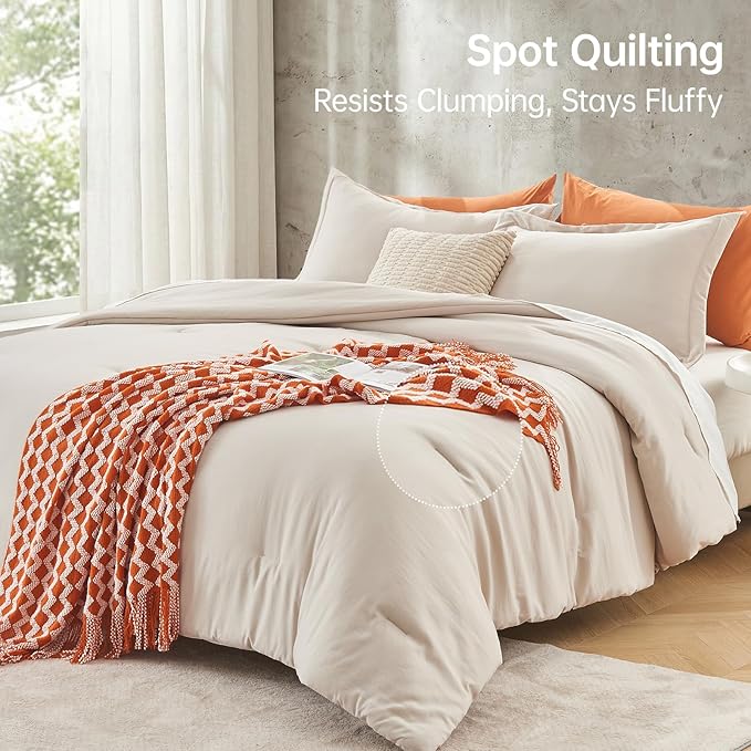 MUXHOMO Beige Oversized Queen Comforter Sets, All Season Ultra Soft Down Alternative Bedding - 3 Piece Lightweight Bed Set Includes 1 Comforter (98"*98") and 2 Pillow Shams (20"x26")