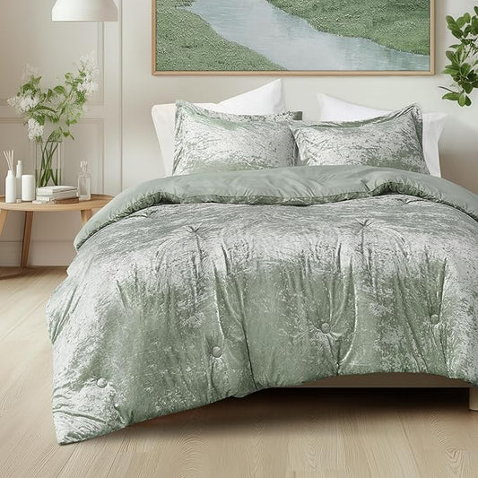 Comfort Spaces Luxe Queen Comforter Set Velvet Comforters for Queen Size Bed, Microfiber Reverse, Juliette, All Season Velvet Bedding Queen Size, Fluffy Bed Set, Sham, Full/Queen, Sage Green 3 Piece