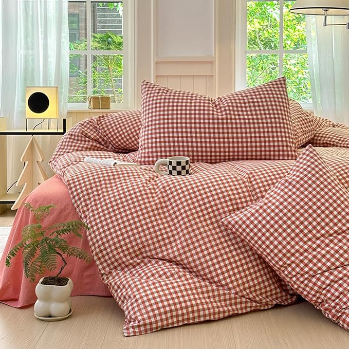 LifeTB Gingham Comforter Set Full Modern Style Red Orange Grid Plaid Comforter Soft Fluffy 3 Pieces Checkered Pattern Comforter Set Farmhouse Orange Gingham Bedding Comforter with 2 Pillowcases