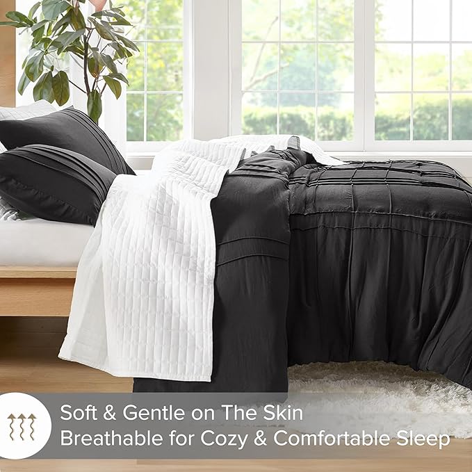 Comfort Spaces Black King Size Duvet Cover Set - 3 Pieces Pintuck Pleated Duvet Cover, All Season Lightweight, Extra Softness Pre-Washed Microfiber King Bedding Cover Shams