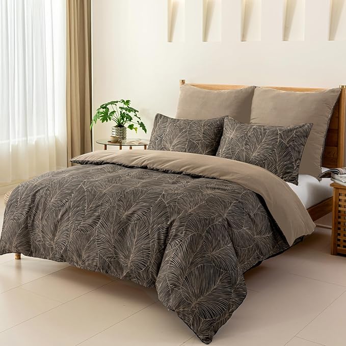 Lekesky Queen Size Duvet Cover Set, Reversible Queen Comforter Cover with Tropical Leaves Pattern, Soft 100% Washed Microfiber 3 Pieces Khaki Bedding Set with Zipper and 2 Pillowcases