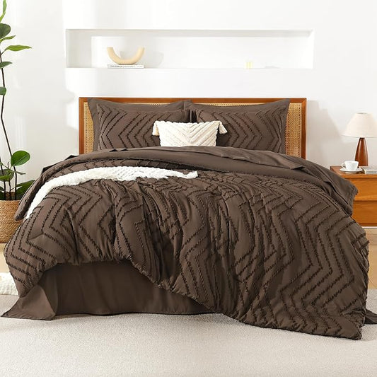 Litanika Super King Size Comforter Set with Sheets Brown - 7 Pieces Bed in a Bag Oversized King Boho Tufted Complete Bedding Sets with Comforter, Sheets, Pillowcases & Shams