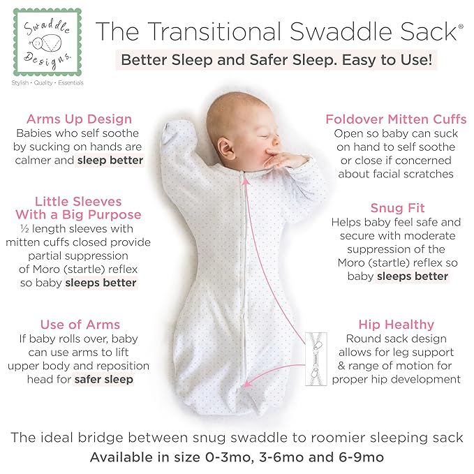 SwaddleDesigns Transitional Swaddle Sack, Arms Up Half-Length Sleeves & Mitten Cuffs, Swaddle for Newborn Transition to Baby Sleep Sack Wearable Blanket, Small, 0-3 Month, 6-14 lb, Sterling Dots