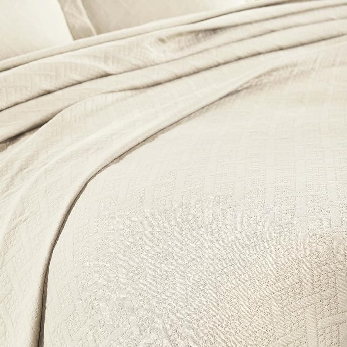 Superior 3 Piece Basketweave Cotton Bedspread Set, Home Bed Decor, Decorative Bed Spread, 2 Pillow Shams, Medium Weight Blanket, Matelasse Coverlet Bedding, Geometric Lattice Pattern, King, Ivory