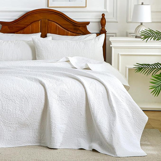 White 100% Cotton Twin Quilt Set, 3 Piece Modern Textured Bedspread with Coin Pattern, Lightweight Crinkly Coverlet Sham Set, Soft Minimalist All Season Bedding, Garment-Washed