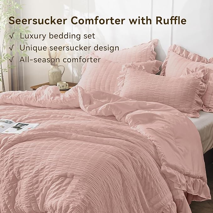 JOLLYVOGUE King Size Comforter Set, 3 Pieces Rose Gold Seersucker Comforters King Size, Lightweight & Fluffy Bedding Sets King for All Season with 1 Ruffle Comforter and 2 Ruffle Pillowshams