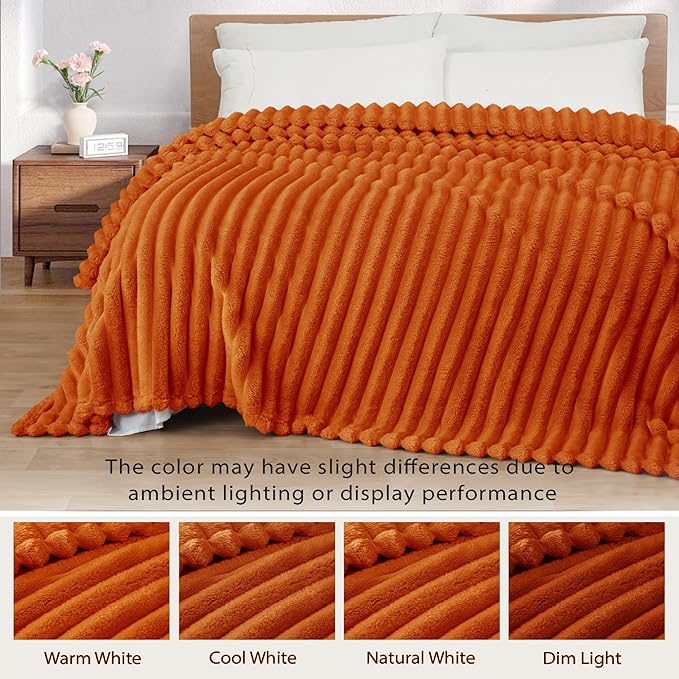 Exclusivo Mezcla Queen Size Flannel Fleece Blanket, Super Soft Striped Jacquard Bed Blanket, Lightweight Fuzzy Cozy for All Seasons, 90x90 Inches, Burnt Orange