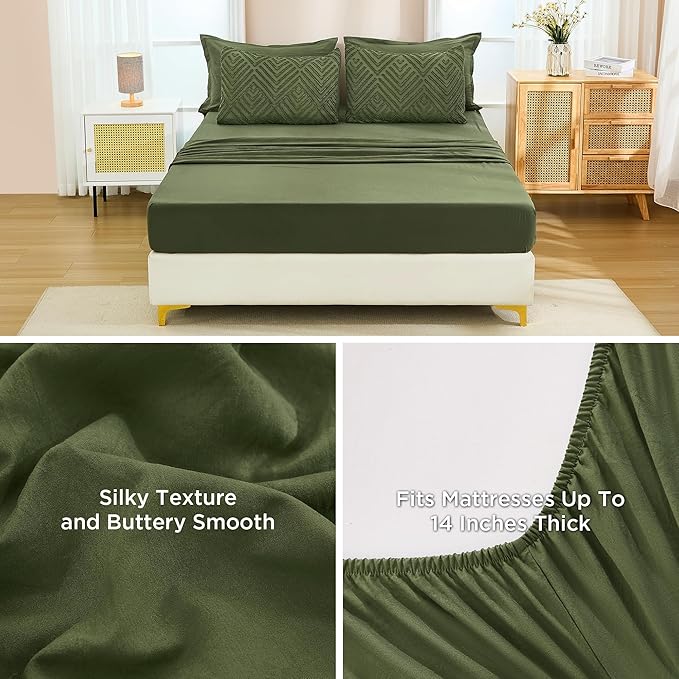 Andency Super King Comforter Set Olive Green - 7 Piece Oversized King Bed in a Bag Olive Green Bedding Sets, Boho Tufted Bed Set with Comforter, Sheets, Pillowcases & Shams
