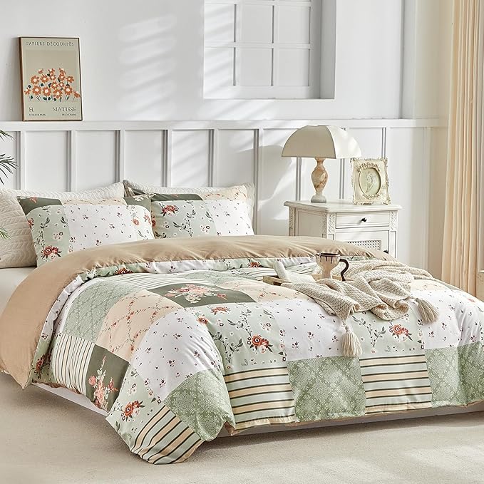 Lekesky King Size Duvet Cover Set, Patchwork Floral 3 Pieces Reversible Green Duvet Cover Set, Ultra-Soft Microfiber 3 Pieces Comforter Cover with Zipper and Corner Ties, Includes 2 Pillowcases