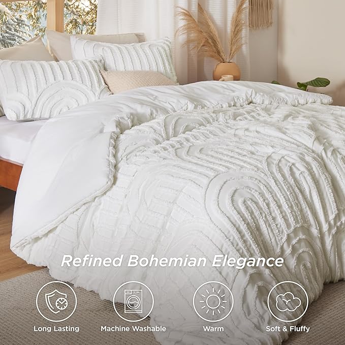 Bedsure Boho Tufted White California King Comforter, GentleSoft™ 3 Pieces Boho Farmhouse Decor Bedding, Arch Shabby Chic Bedding for All Seasons, 1 Bed Comforter, 2 Pillow Shams, 104x96 Inches