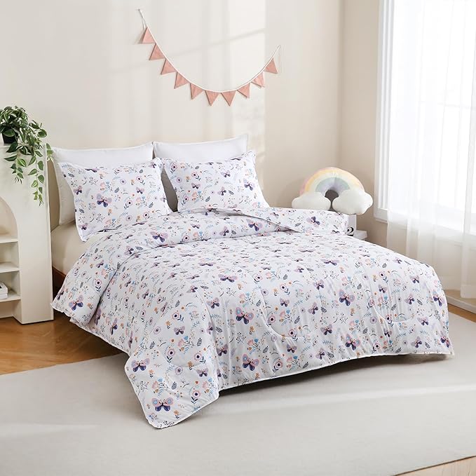 Yibeizi Floral Comforter Set for Girls Full Size, Kids Butterfly Printed Bedding Set with Pillow Sham, Cute Lightweight Soft Breathable Machine Washable Quilted Bed Comforter Set 3 Piece