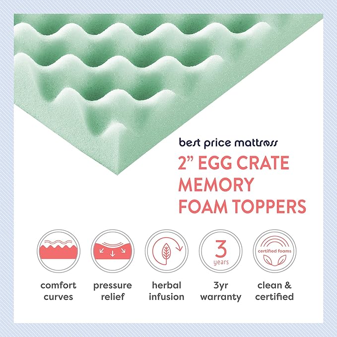 Best Price Mattress 2 Inch Egg Crate Memory Foam Mattress Topper with Calming Aloe Infusion, CertiPUR-US Certified, Twin XL,Green