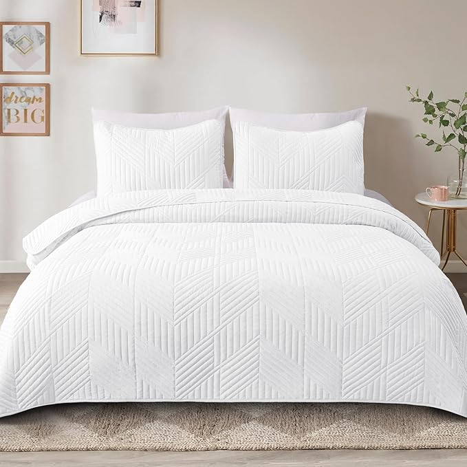 Exclusivo Mezcla Ultrasonic Twin Quilt Bedding Set, Lightweight White Bedspreads Soft Modern Geometric Coverlet Set for All Seasons (1 Quilt and 1 Pillow Sham)