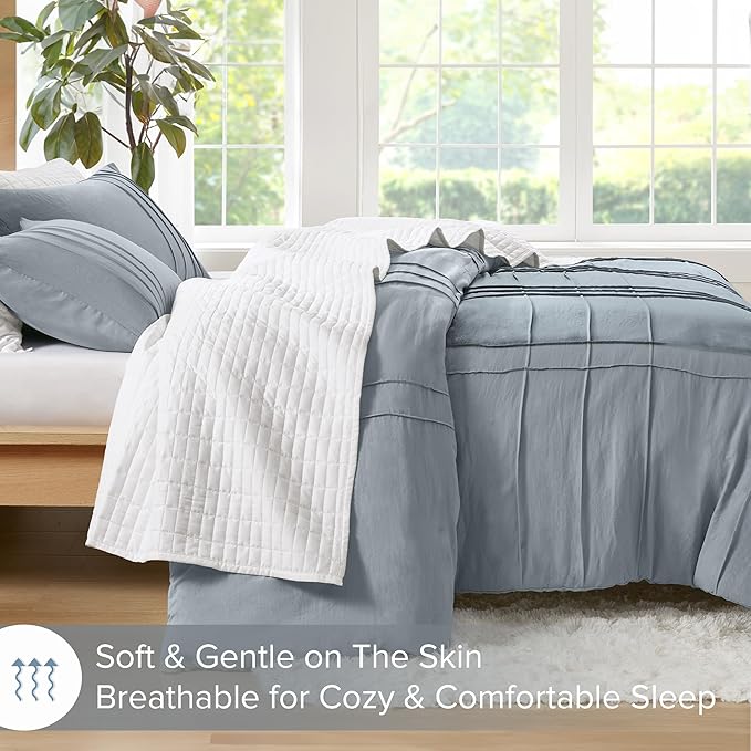 Comfort Spaces Blue/Grey Full Size Duvet Cover Set - 3-pc Pintuck Pleated Duvet Cover, All Season Lightweight, Extra Softness Pre-Washed Microfiber Full Bed Cover Shams, Full