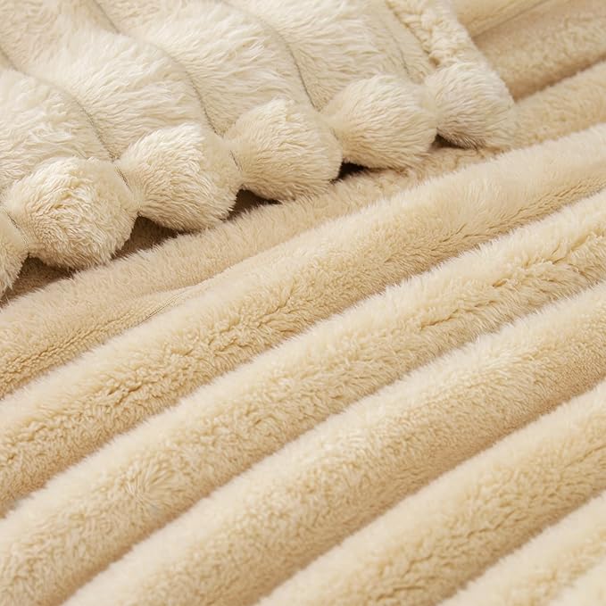 Exclusivo Mezcla Twin Size Flannel Fleece Blanket, Super Soft Striped Jacquard Bed Blanket, Lightweight Fuzzy Cozy for All Seasons, 60x80 Inches, Beige
