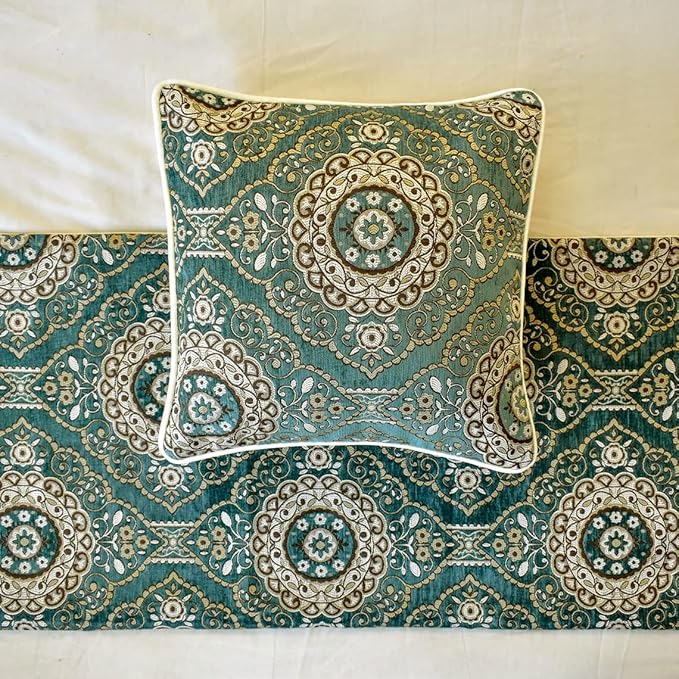 The HomeCentric King/Queen/Twin Teal Decorative Queen 74"x18" Bed Runner with Pillow Cover, Art Deco, Floral, Tassels & Velvet Bed Scarf on Velvet Fabric - Ahmet