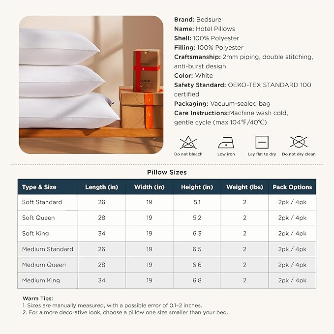 Bedsure Medium Firm Bed Pillows for Sleeping Standard Size, Set of 4, Standard Pillows 4 Pack Hotel Quality Premium Down Alternative for Medium Supportive Filling for Side, Back Sleepers