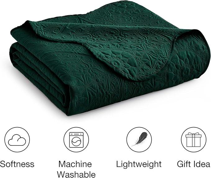 MOONLIGHT20015 King Quilt Bedding Set Size (106" x 96") + 2 Pillow Shams (20" x 36"+ 2") - 3 Pcs All Season Lightweight Reversible Quilt Bedspread Microfiber Floral Embossed Coverlet (Emerald)