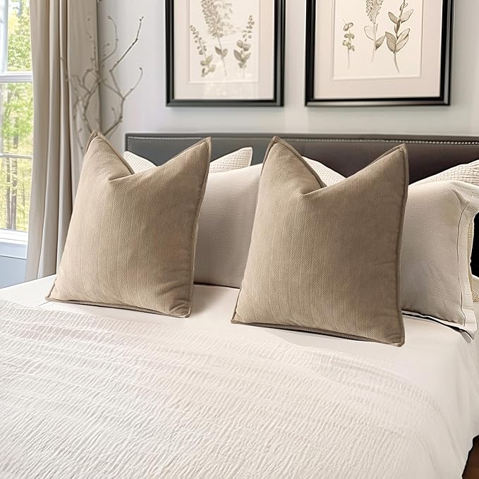 MIULEE Pack of 2 Khaki Decorative Pillow Covers 24x24 Inch Soft Chenille Luxurious Couch Throw Pillows Farmhouse Cushion Covers Euro Shams with Elegant Design for Sofa Bedroom Living Room Home Decor
