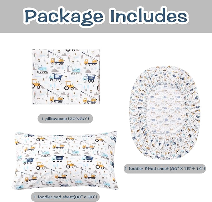 Kids Sheet Set Twin Size 3 Pcs, Boys Sheet Set with Blue Excavator Car Pattern，Kids Boys Twin Fitted Sheet，Breathable & Silky Soft Microfiber Fitted Sheet