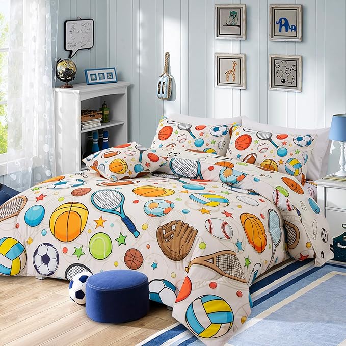 A Nice Night 6Pcs Twin Comforter Set for Boys, Sports Bedding Set with Baseball, Tennis Racket, Basketball & Football Design, Athletic Themed Kids Room Decorr(Yellow)