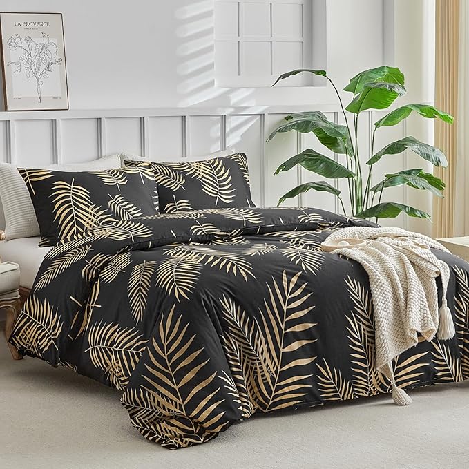 Lekesky Queen Duvet Cover Set, Black and Gold Tropical Palm Leaf Pattern Comforter Cover Queen Size, 3 Pieces Soft Microfiber Bedding Sets with Zipper & 2 Pillowcases, Comforter Not Included