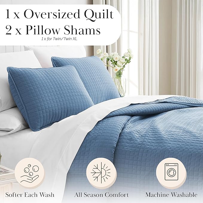 Southshore Fine Living, Inc. Twin Size Summer Quilts, Soft Microfiber Lightweight Bedspread, Stain & Pet Hair Resistant Bedding, XL Twin Quilt Coverlet with Pillow Sham, Coronet Blue