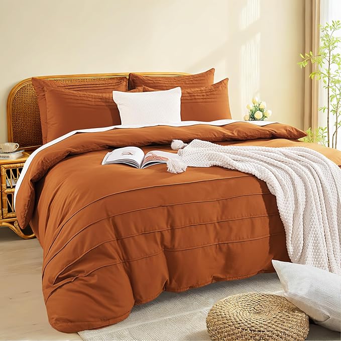 NEXHOME PRO 100% Organic Cotton Duvet Cover Overd King, Linen Like Pleated Textured Terracotta Burnt Orange Duvet Cover Set, 3pc Bedding Set with Zipper Closure, Soft,120"x98", No Comforter