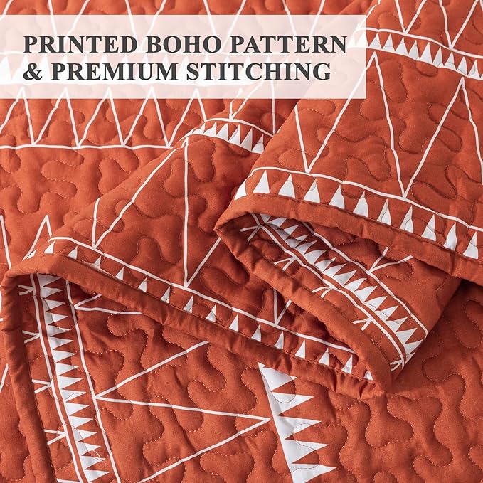 Andency Terracotta California King Quilt Set, 3 Pieces Boho Lightweight Soft Striped Cal King Bedspread for All Season (112"x104"), Printed Bohemian Microfiber Reversible Coverlet Comforter Sets