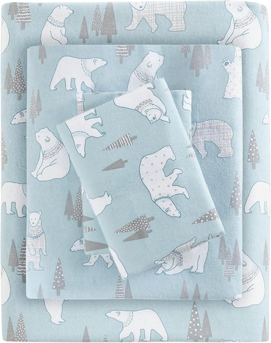 True North by Sleep Philosophy Cozy Flannel Warm 100% Cotton Sheet - Novelty Print Animals Stars Cute Ultra Soft Cold Weather Bedding Set, Queen, Blue Polar Bears 4 Piece