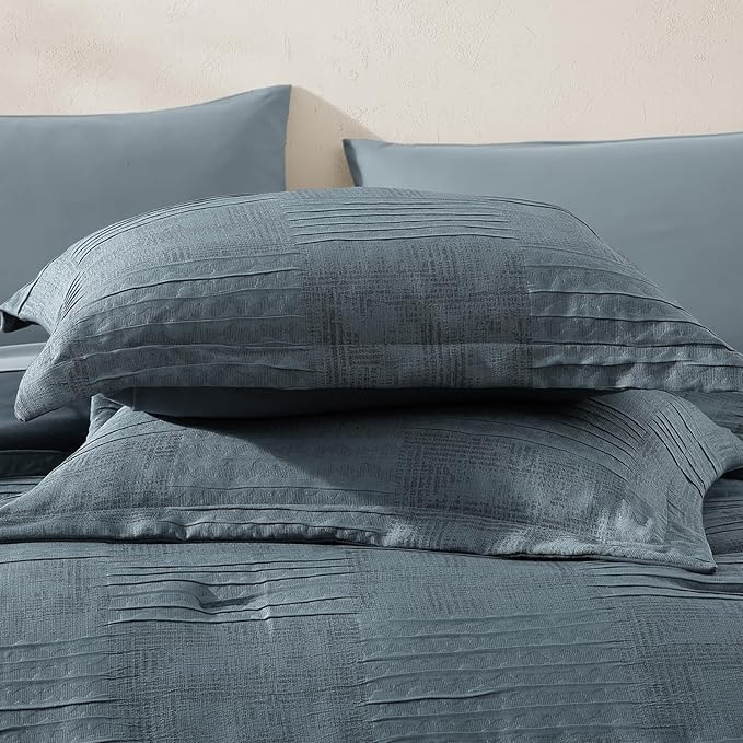 MaiRêve King Comforter Set Dusty Blue, Textured Design Crinkle Bedding Sets 7 Pieces, All Season Bed in A Bag with Comforter, Sheets, Pillowcases & Shams