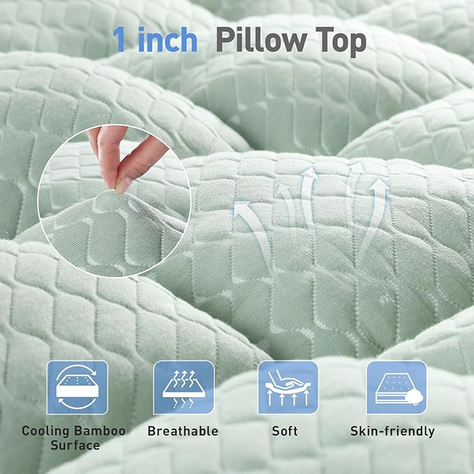 Dual Layer 3 Inch Memory Foam Mattress Topper Full Size, 2 Inch Gel Memory Foam Plus 1 Inch Cooling Pillow Top Mattress Pad Cover, with 8-21 Inch Deep Pocket, Green